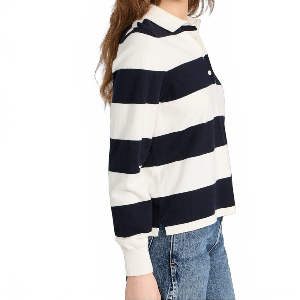 Wyeth Navy White Striped Knit Polo Sweater Cotton Cashmere Womens XS Preppy Top - Picture 2 of 9